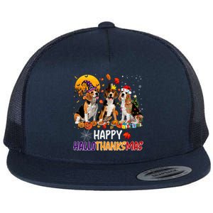 Happy Hallothanksmas Halloween Thanksgiving Christmas Beagle Gift Flat Bill Trucker Hat