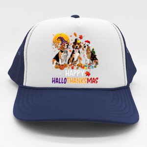 Happy Hallothanksmas Halloween Thanksgiving Christmas Beagle Gift Trucker Hat