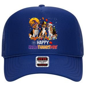 Happy Hallothanksmas Halloween Thanksgiving Christmas Beagle Gift High Crown Mesh Back Trucker Hat