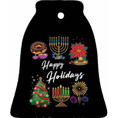 Happy Holidays Hanukkah Feliz Navidad Christmas Kwanzaa Ceramic Bell Ornament