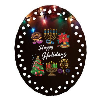 Happy Holidays Hanukkah Feliz Navidad Christmas Kwanzaa Ceramic Oval Ornament