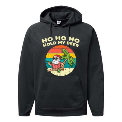 Ho Ho Hold My Beer Santa Beach Christmas In July Drinking Performance Fleece Hoodie