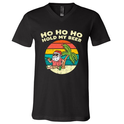 Ho Ho Hold My Beer Santa Beach Christmas In July Drinking V-Neck T-Shirt