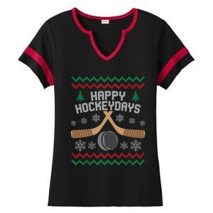 Happy Hockeydays Ice Hockey Player Ugly Christmas Sweater Gift Ladies Halftime Notch Neck Tee