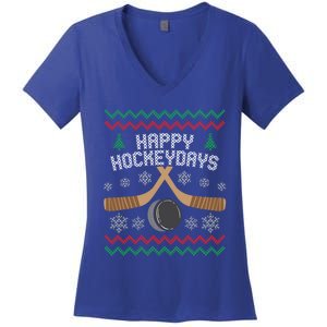 Happy Hockeydays Ice Hockey Player Ugly Christmas Sweater Gift Women's V-Neck T-Shirt