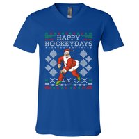 Happy Hockeydays Ice Hockey Player Ugly Christmas Sweater Gift V-Neck T-Shirt