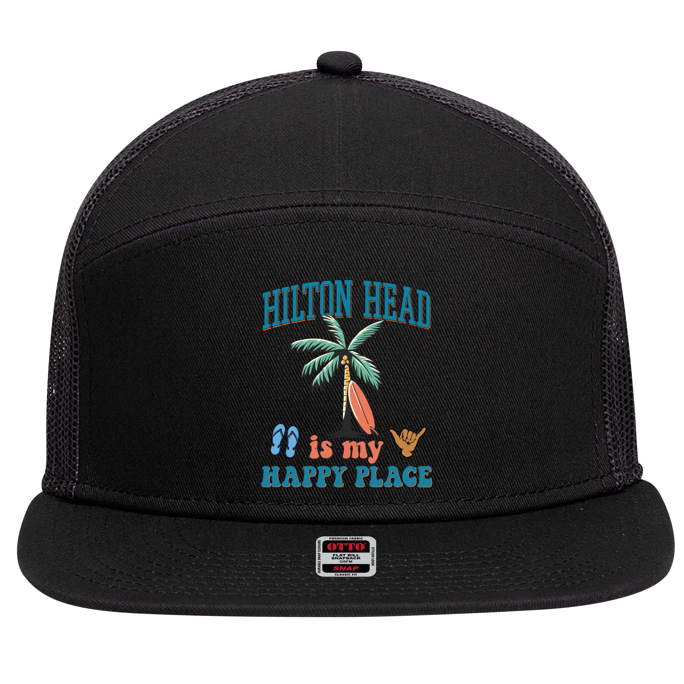 Hilton Head Island Is My Happy Place Beach Palm Trees Summer Gift 7 Panel Mesh Trucker Snapback Hat