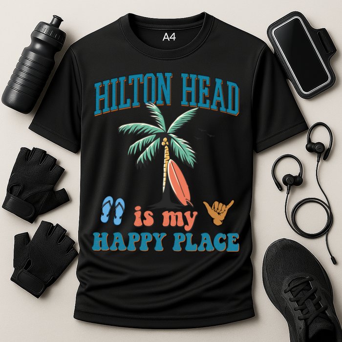 Hilton Head Island Is My Happy Place Beach Palm Trees Summer Gift Cooling Performance Crew T-Shirt