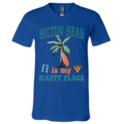 Hilton Head Island Is My Happy Place Beach Palm Trees Summer Gift V-Neck T-Shirt