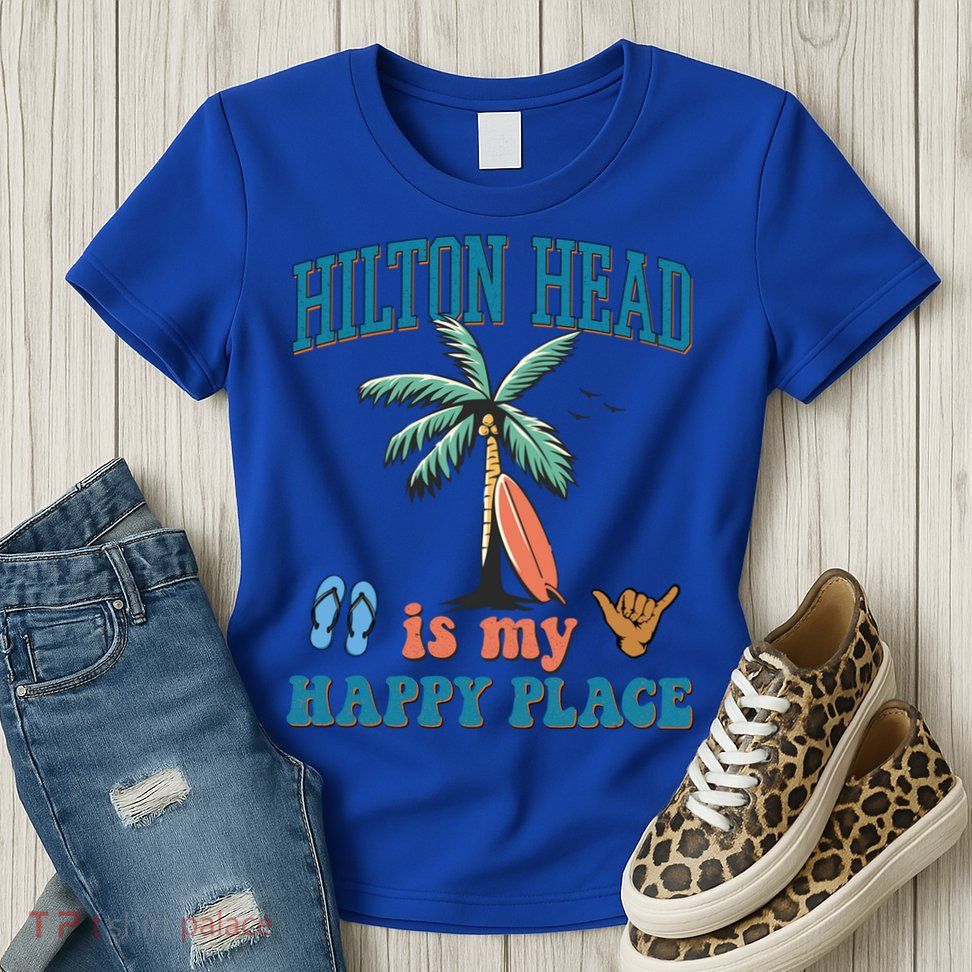Hilton Head Island Is My Happy Place Beach Palm Trees Summer Gift Womens T-Shirt