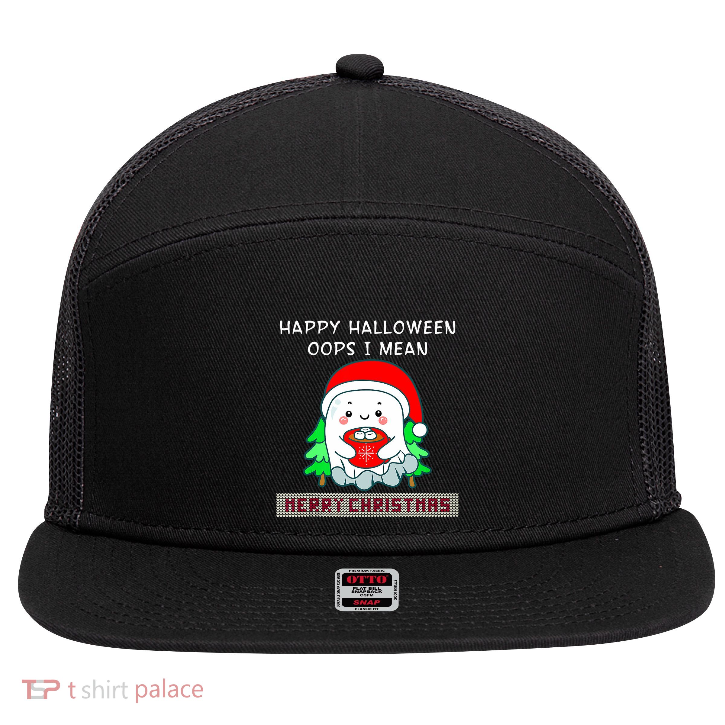 Happy Halloween I Mean Merry Christmas Boo Ghost Gothic Tank Top 7 Panel Mesh Trucker Snapback Hat