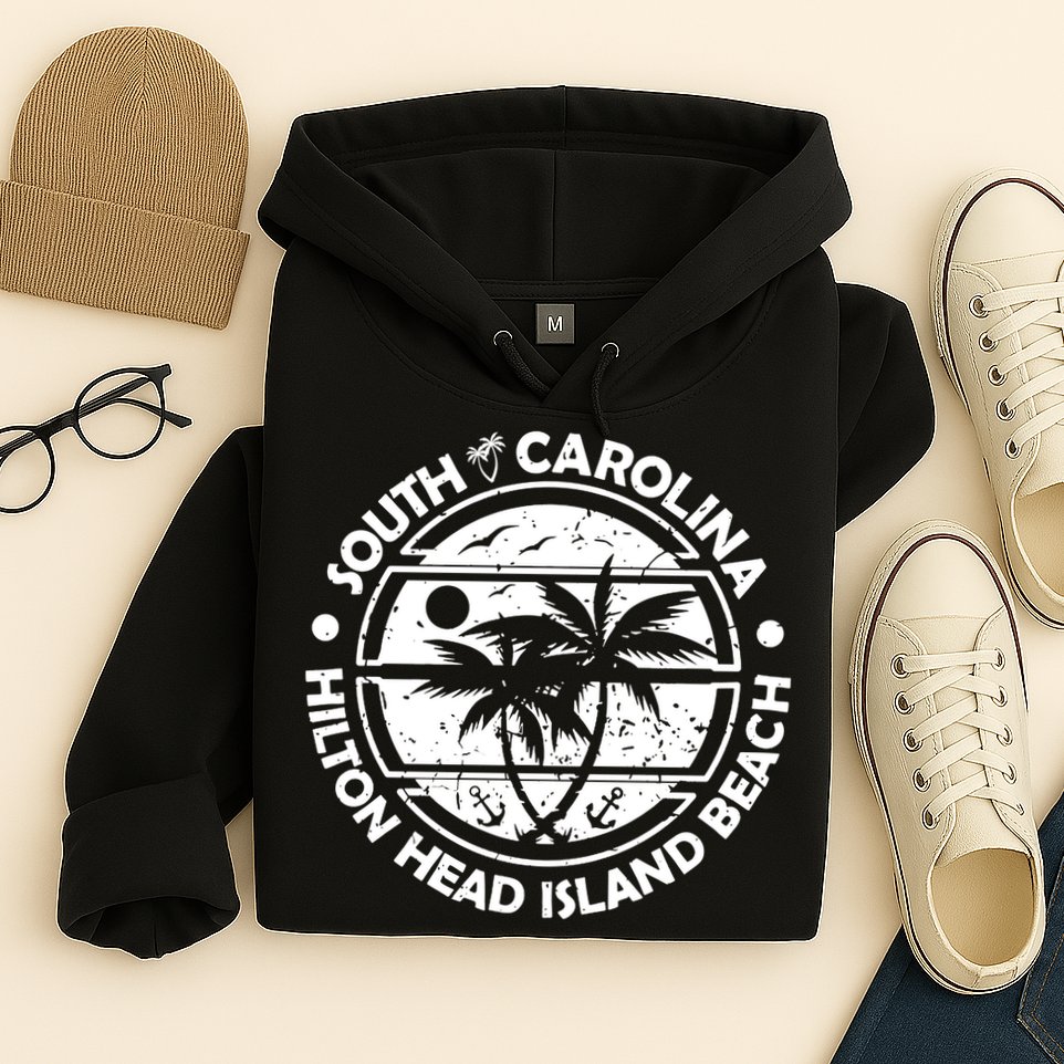 Hilton Head Island Beach South Carolina, Tropical Palm Trees, Ship Anchor Hoodie