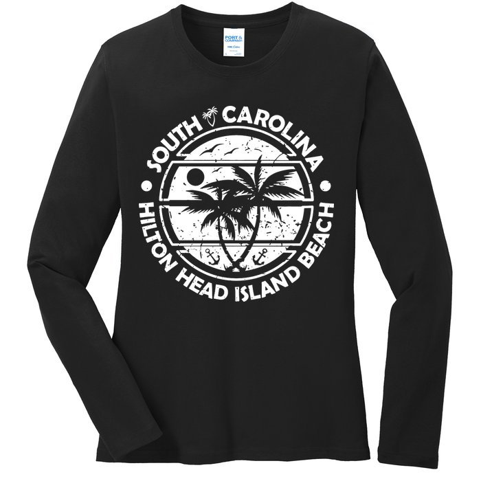 Hilton Head Island Beach South Carolina, Tropical Palm Trees, Ship Anchor Ladies Long Sleeve Shirt