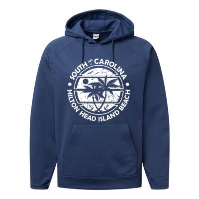 Hilton Head Island Beach South Carolina, Tropical Palm Trees, Ship Anchor Performance Fleece Hoodie