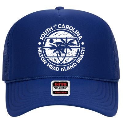 Hilton Head Island Beach South Carolina, Tropical Palm Trees, Ship Anchor High Crown Mesh Back Trucker Hat