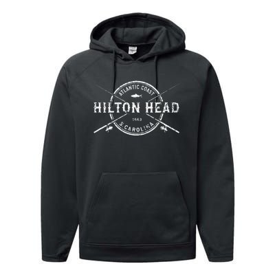 Hilton Head Island Sc Vintage Crossed Fishing Rods Performance Fleece Hoodie