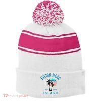Hilton Head Island South Carolina Beach Palm Trees Summer Stripe Pom Pom Beanie