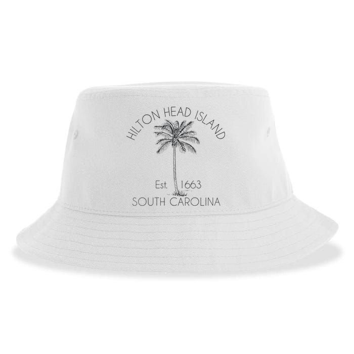 Hilton Head Island Beach Design Palm Tree Illustration Sustainable Bucket Hat