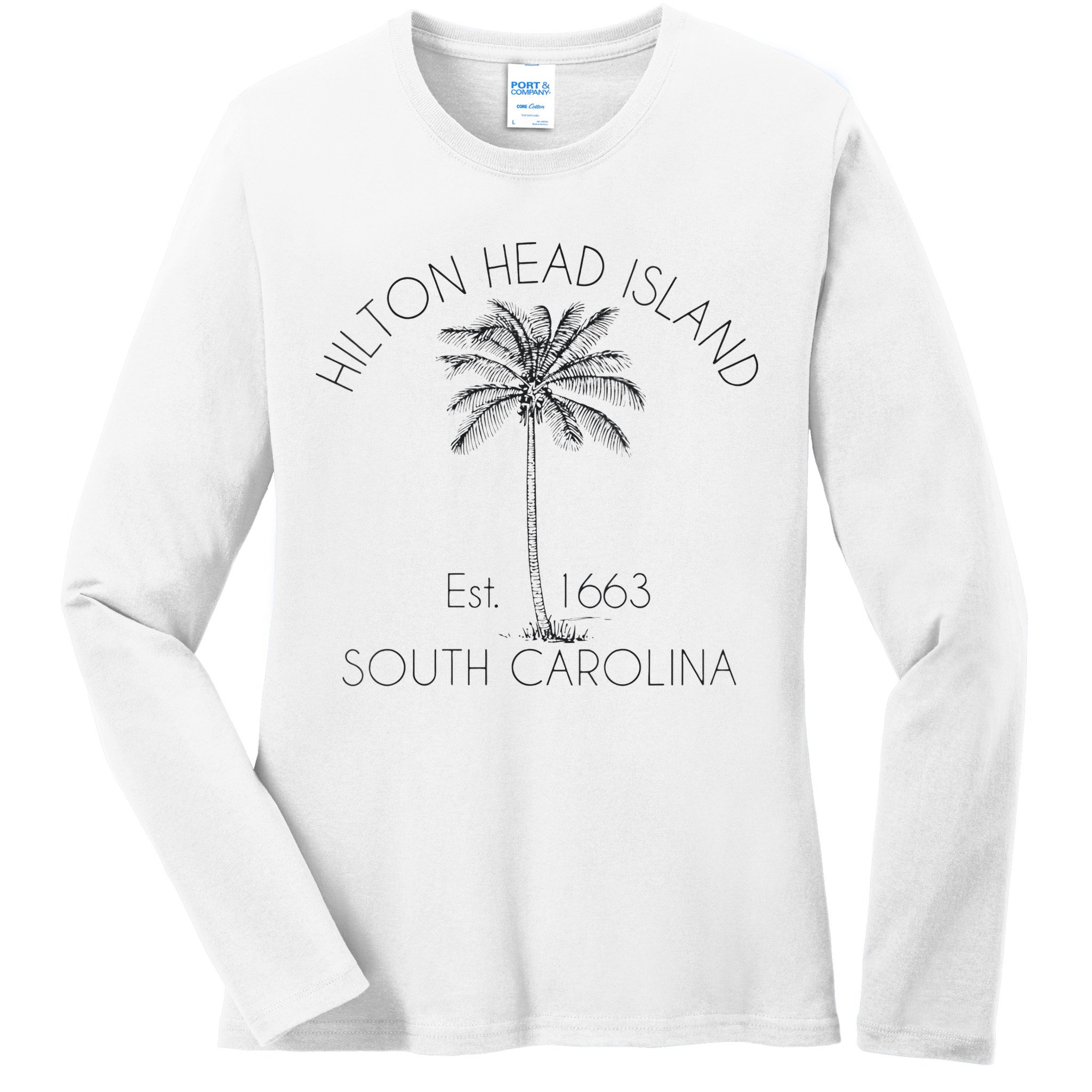 Hilton Head Island Beach Design Palm Tree Illustration Ladies Long Sleeve Shirt