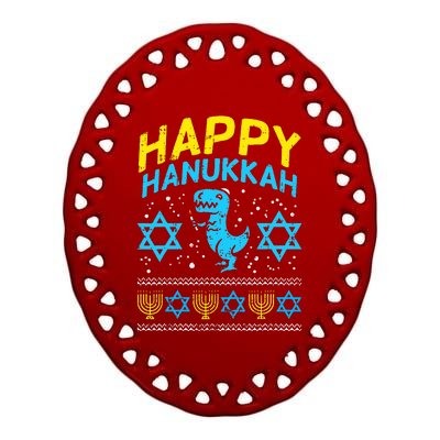 Happy Hanukkah Jewish TRex Ugly Chanukah Sweater Gift  Ceramic Oval Ornament