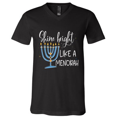 Happy Hanukkah Jewish Shine And Bright Like A Menorah V-Neck T-Shirt