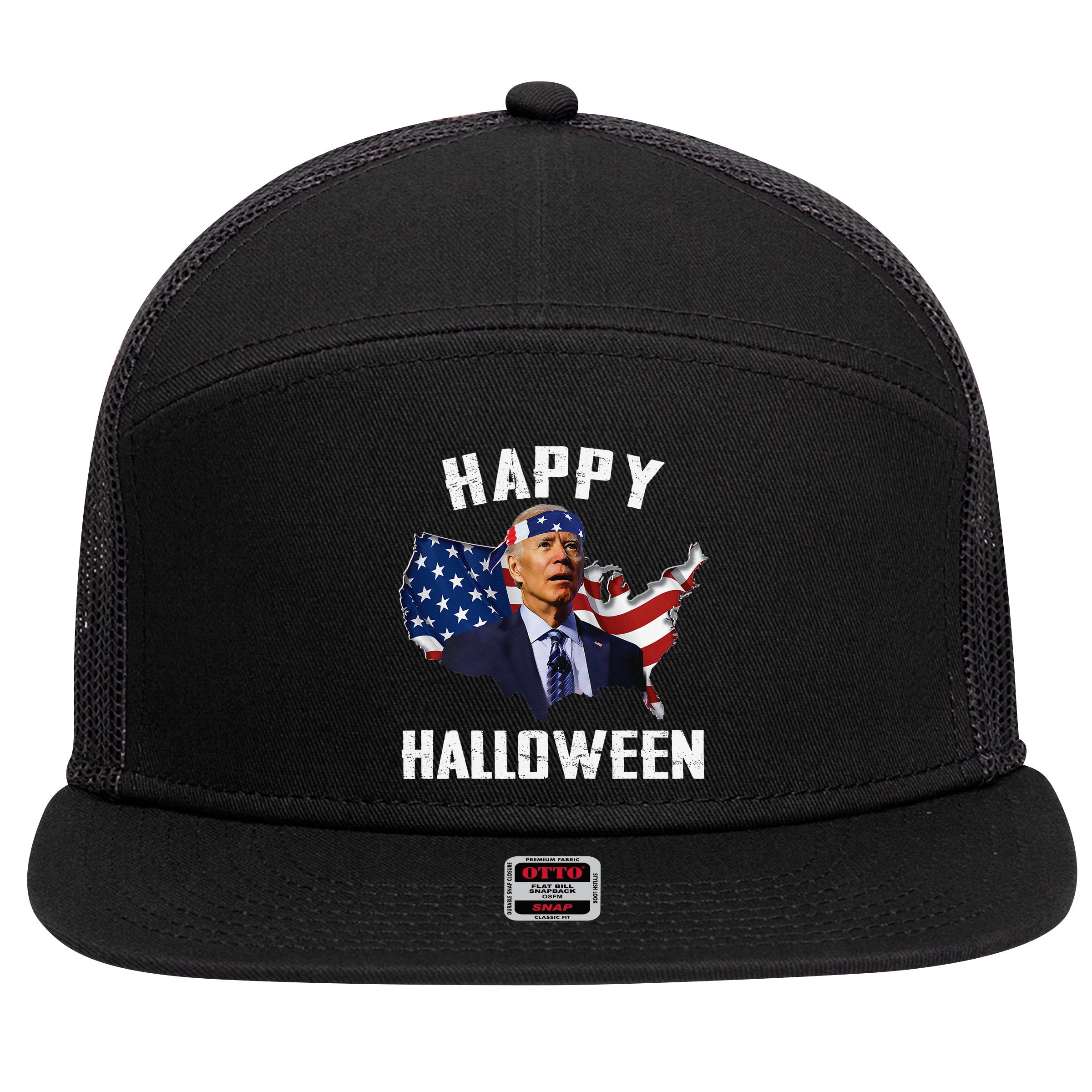 Happy Halloween Joe Biden Confused American Flag 4th Of July 7 Panel Mesh Trucker Snapback Hat
