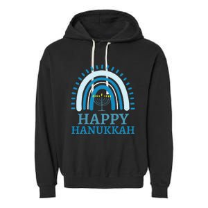 Happy Hanukkah Jewish Blue Rainbow Menorah Chanukah Garment-Dyed Fleece Hoodie