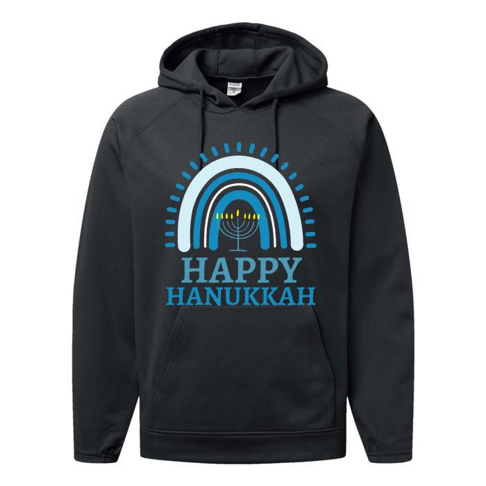 Happy Hanukkah Jewish Blue Rainbow Menorah Chanukah Performance Fleece Hoodie