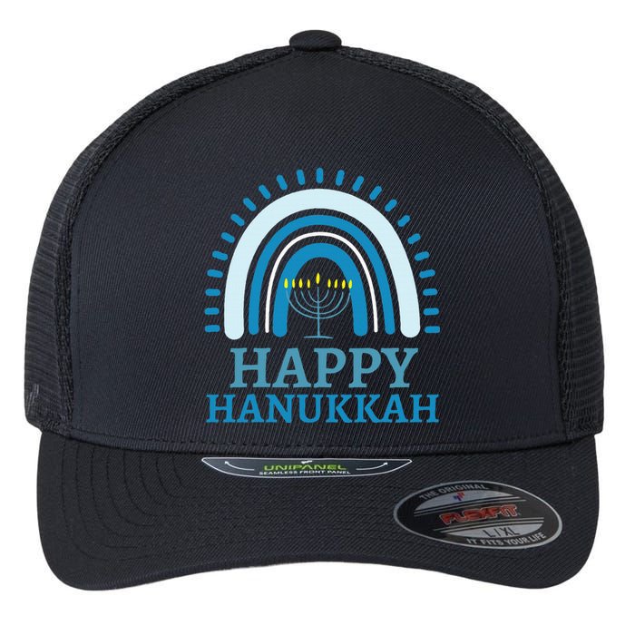 Happy Hanukkah Jewish Blue Rainbow Menorah Chanukah Flexfit Unipanel Trucker Cap