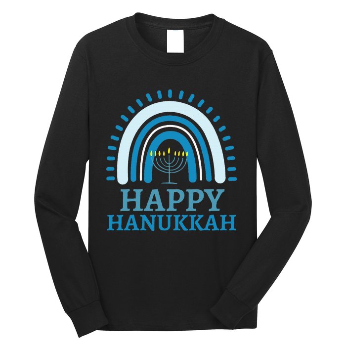 Happy Hanukkah Jewish Blue Rainbow Menorah Chanukah Long Sleeve Shirt