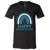 Happy Hanukkah Jewish Blue Rainbow Menorah Chanukah V-Neck T-Shirt