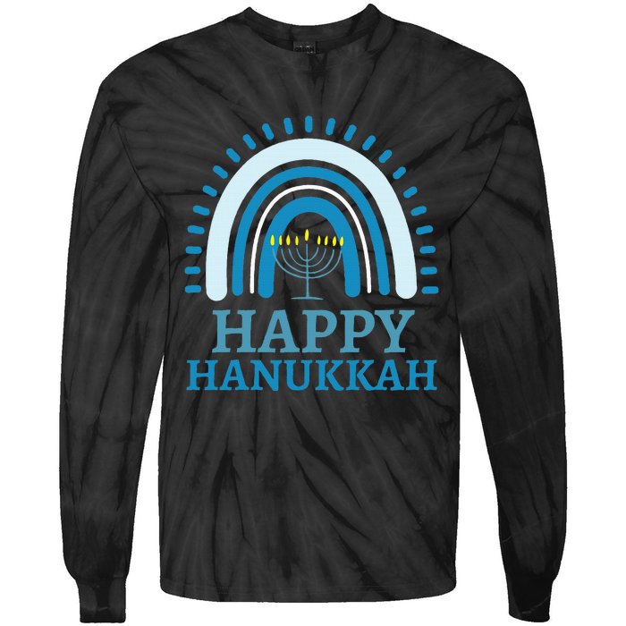 Happy Hanukkah Jewish Blue Rainbow Menorah Chanukah Tie-Dye Long Sleeve Shirt