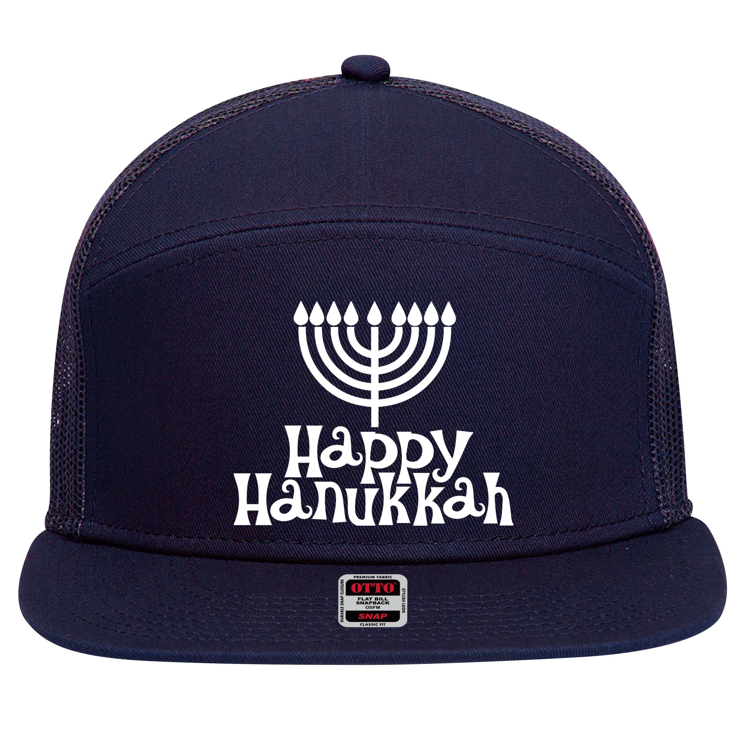 Happy Hanukkah Jewish Funny 7 Panel Mesh Trucker Snapback Hat