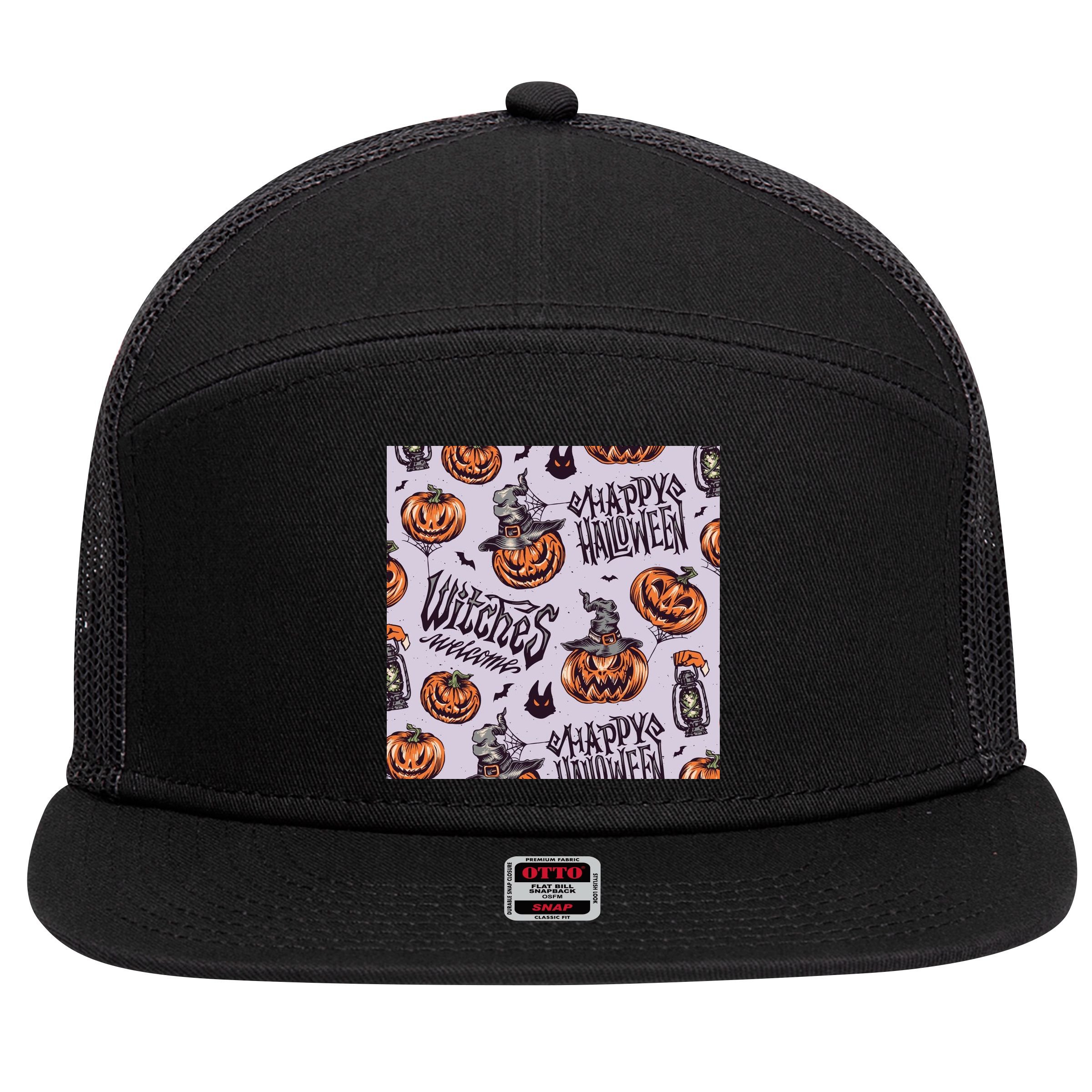 Happy Halloween Jack O Lantern 7 Panel Mesh Trucker Snapback Hat