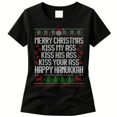Happy Hanukkah Kiss My Ass His Ass Your Ass Merry Christmas Womens T-Shirt