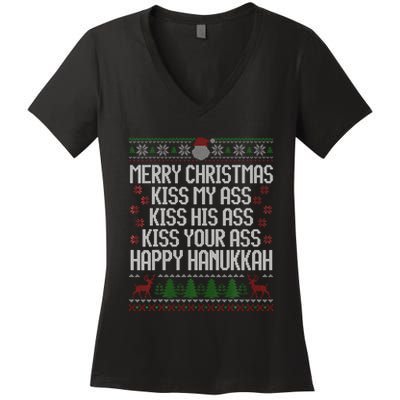 Happy Hanukkah Kiss My Ass His Ass Your Ass Merry Christmas Women's V-Neck T-Shirt