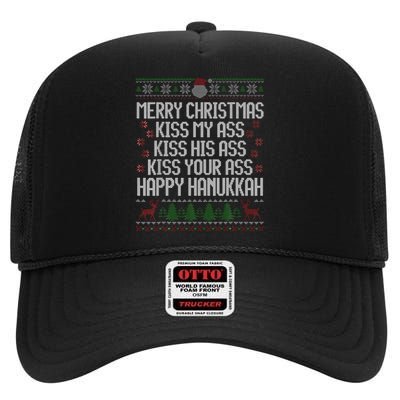 Happy Hanukkah Kiss My Ass His Ass Your Ass Merry Christmas High Crown Mesh Back Trucker Hat