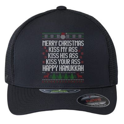 Happy Hanukkah Kiss My Ass His Ass Your Ass Merry Christmas Flexfit Unipanel Trucker Cap