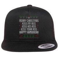 Happy Hanukkah Kiss My Ass His Ass Your Ass Merry Christmas Flat Bill Trucker Hat