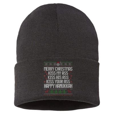 Happy Hanukkah Kiss My Ass His Ass Your Ass Merry Christmas Sustainable Knit Beanie