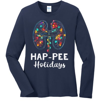 Happee Holidays Kidneys Xmas Light Dialysis Tech Christmas Ladies Long Sleeve Shirt