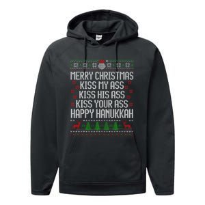 Happy Hanukkah Kiss My Ass His Ass Your Ass Merry Christmas Performance Fleece Hoodie