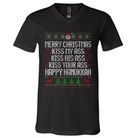 Happy Hanukkah Kiss My Ass His Ass Your Ass Merry Christmas V-Neck T-Shirt