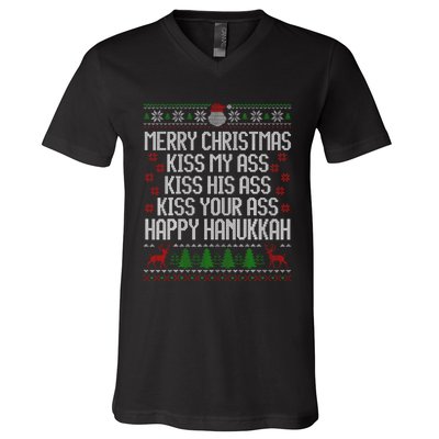 Happy Hanukkah Kiss My Ass His Ass Your Ass Merry Christmas V-Neck T-Shirt