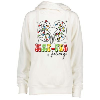 Happee Holidays Kidney Christmas Lights Christmas Nurse Womens Funnel Neck Pullover Hood