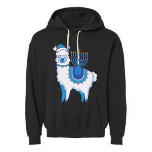 Happy Hanukkah Llamakkah Llama Menorah Alpaca Jewish Holiday  Garment-Dyed Fleece Hoodie