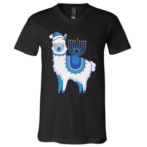 Happy Hanukkah Llamakkah Llama Menorah Alpaca Jewish Holiday  V-Neck T-Shirt