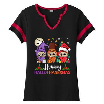 Happy Hallothanksmas Labubu Lover Halloween Fall Christmas Great Gift Ladies Halftime Notch Neck Tee