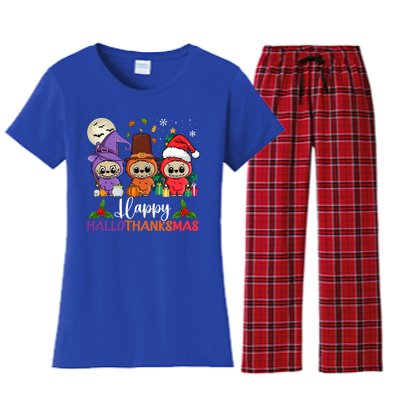 Happy Hallothanksmas Labubu Lover Halloween Fall Christmas Great Gift Women's Flannel Pajama Set