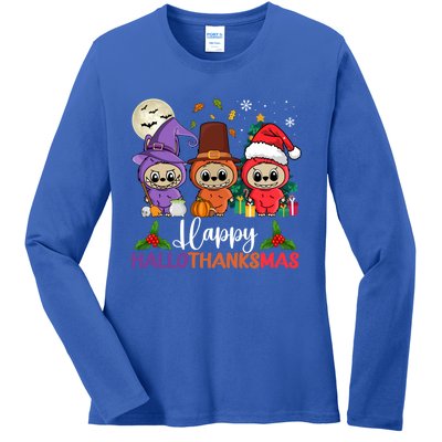 Happy Hallothanksmas Labubu Lover Halloween Fall Christmas Great Gift Ladies Long Sleeve Shirt